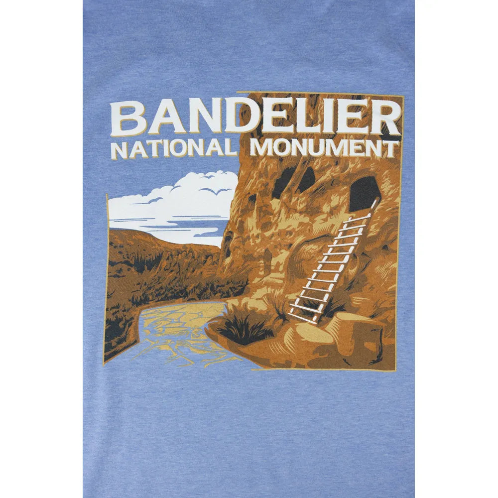 T-shirt with Bandelier National Monument graphic on a blue background