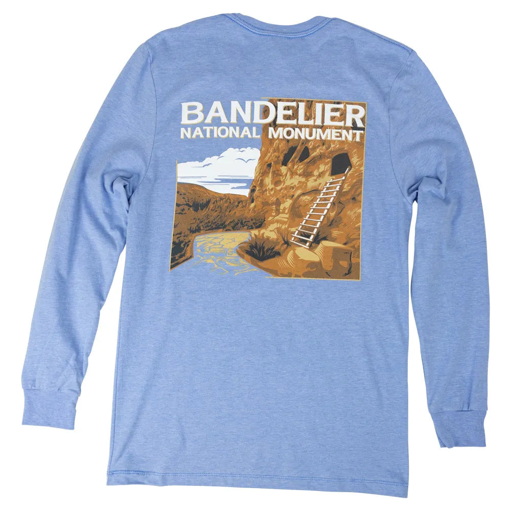 Blue long-sleeve shirt with Bandelier National Monument graphic on a white background