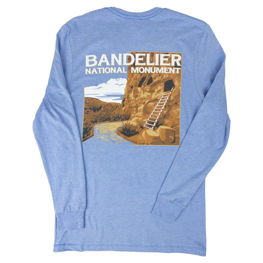 Blue long-sleeve shirt with Bandelier National Monument graphic on a white background