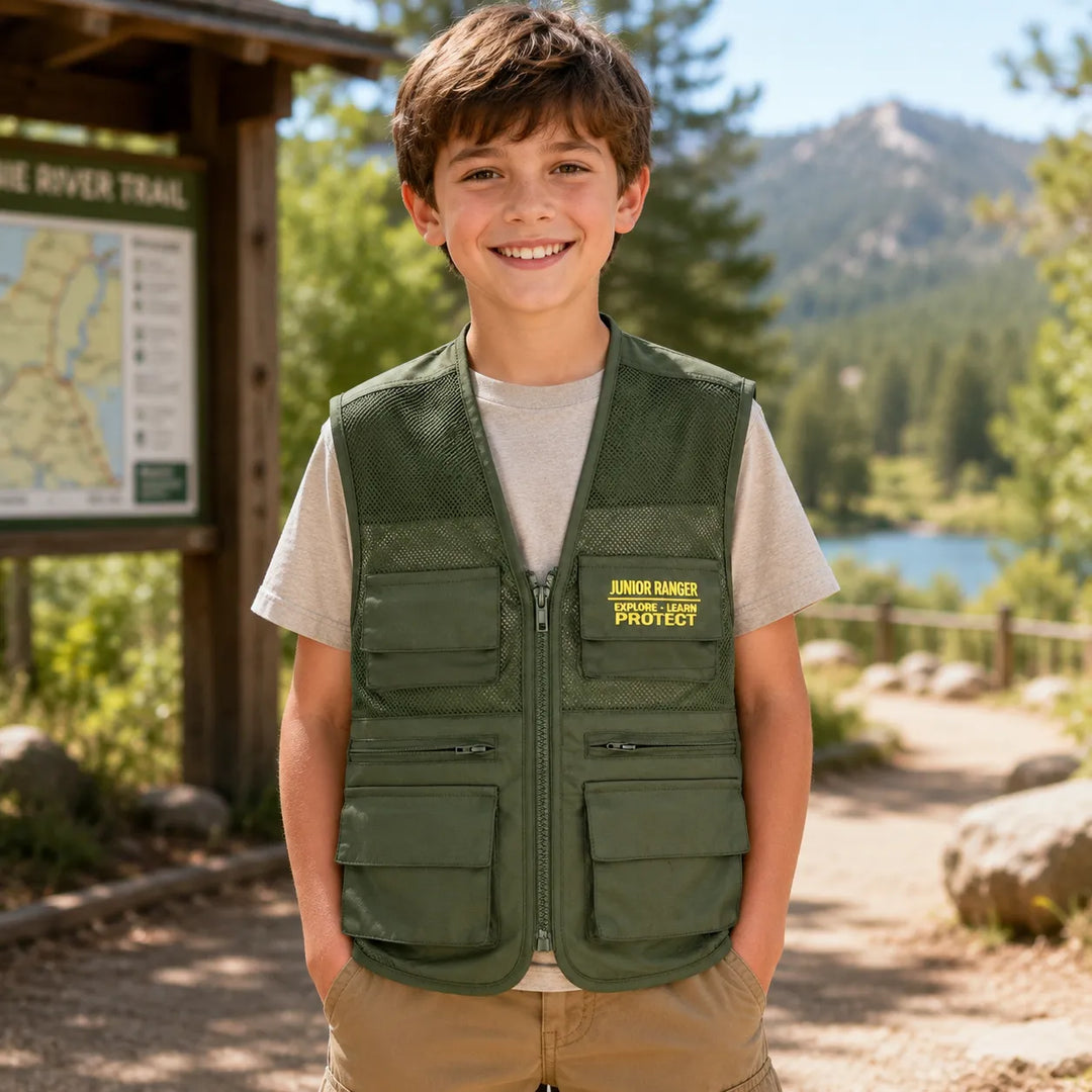A smiling young boy stands outdoors on a trail wearing an olive green multi-pocket fishing vest over a light gray t-shirt and khaki pants. The vest features a yellow embroidered patch on the left chest that reads &