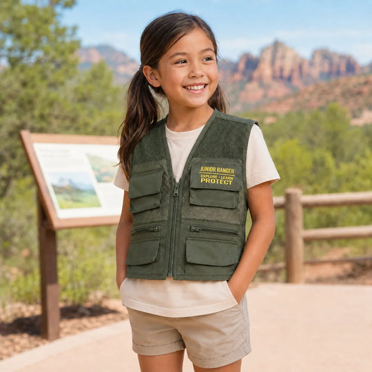 A young girl smiling outdoors at a national park, wearing an olive green Junior Ranger utility vest over a cream t-shirt and khaki shorts. The background features red rock desert mountains and a wooden trail sign.