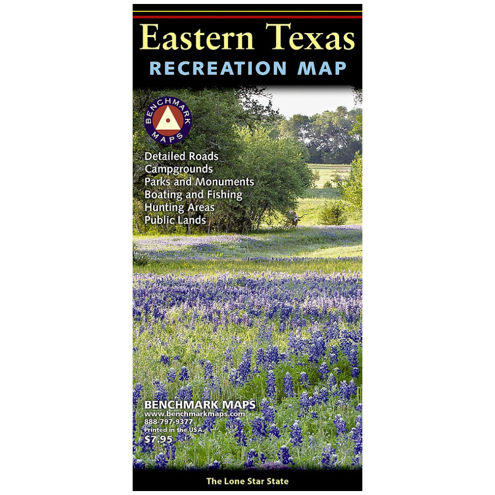 Eastern Texas Recreation Map by Benchmark Maps, featuring a scenic cover photo of a bluebonnet field with a black header and footer with white and gold text.
