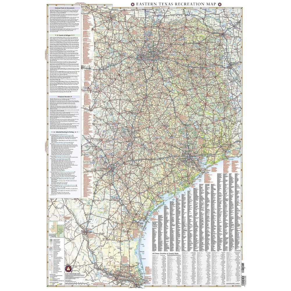 A detailed Eastern Texas Recreation Map poster showing roads, trails, waterways, and labeled sections, photographed against a plain white background.