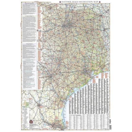 A detailed Eastern Texas Recreation Map poster showing roads, trails, waterways, and labeled sections, photographed against a plain white background.