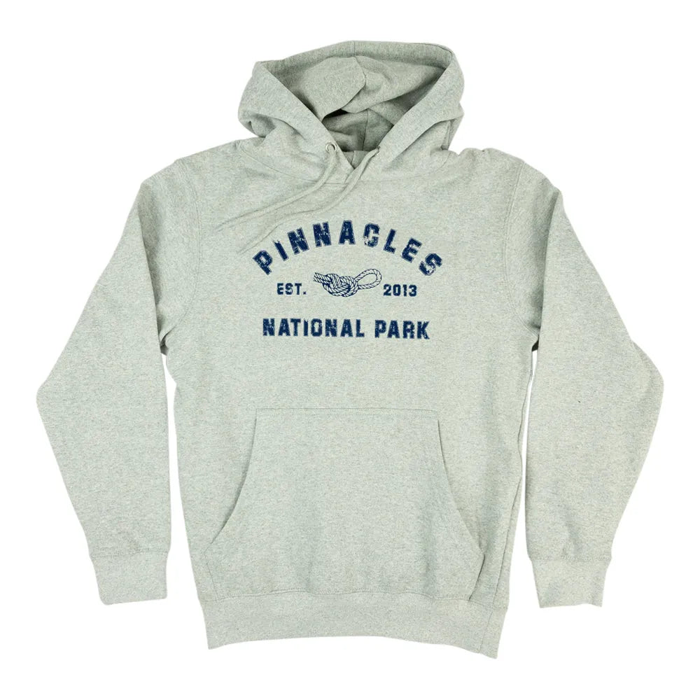 Gray hoodie with 'Pinnacles National Park' text and logo on a white background