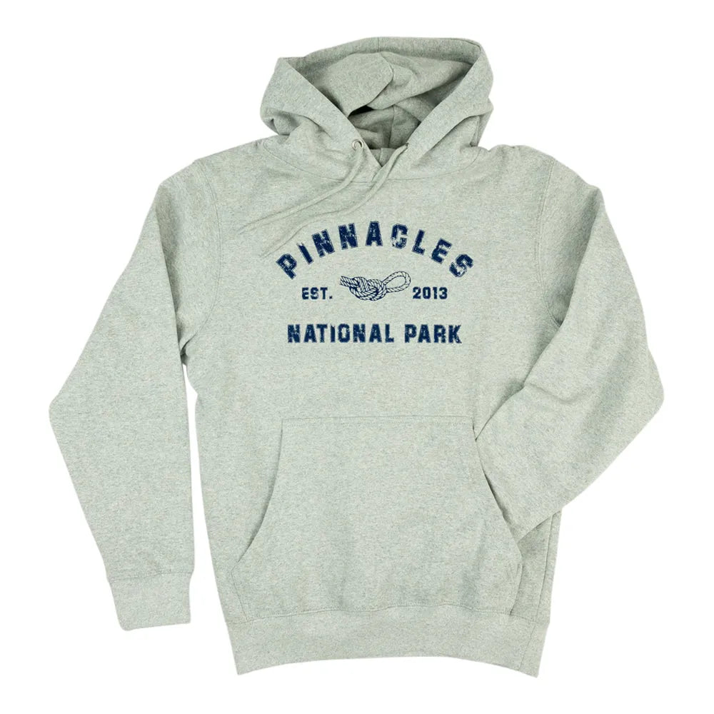 Gray hoodie with 'Pinnacles National Park' text and logo on a white background