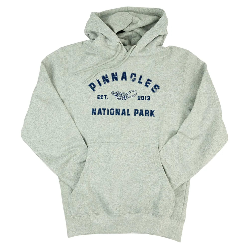 Gray hoodie with 'Pinnacles National Park' text and logo on a white background