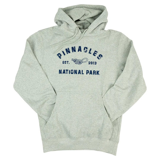 Gray hoodie with 'Pinnacles National Park' text and logo on a white background