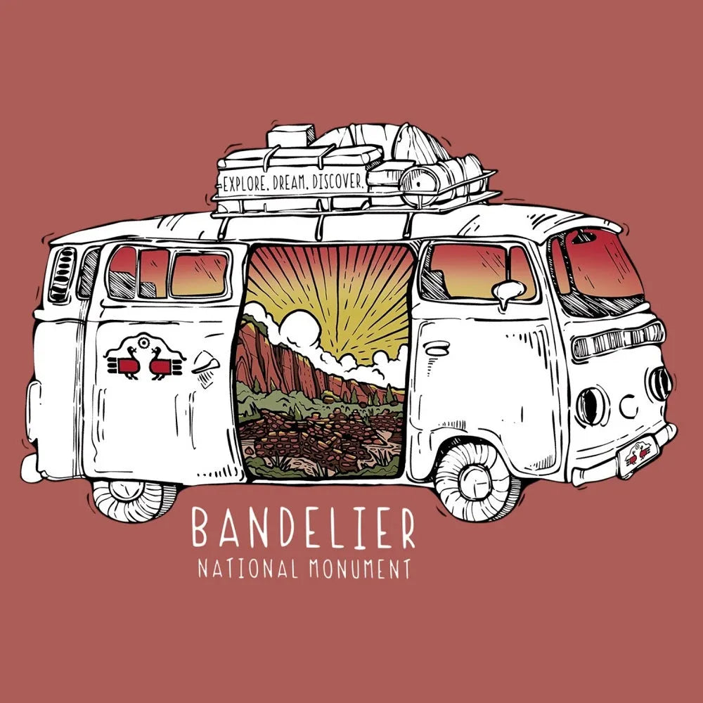 Illustration of a van with scenic design and 'Bandelier National Monument' text on a red background