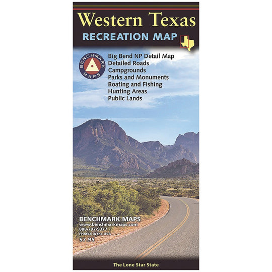 Western Texas Recreation Map cover by Benchmark Maps, featuring a scenic desert landscape with mountains, a winding road, and text detailing map features.
