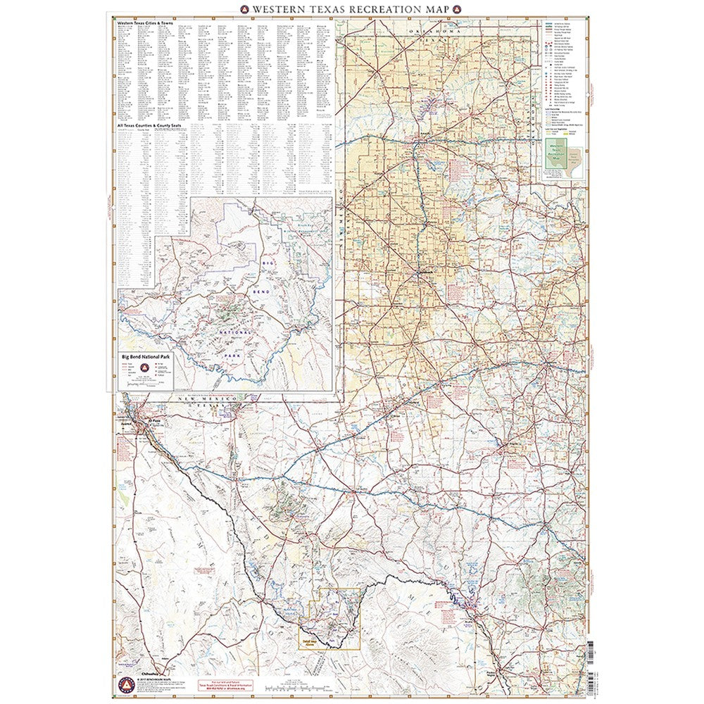 A detailed topographical recreation map of Western Texas, featuring roads, rivers, topography contours, and labeled regions, with a title bar at the top reading &