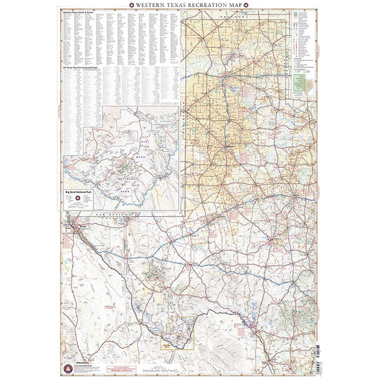 A detailed topographical recreation map of Western Texas, featuring roads, rivers, topography contours, and labeled regions, with a title bar at the top reading &