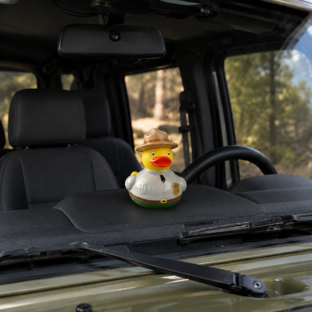 A small yellow rubber duck wearing a tan hat and white shirt sits on the dashboard inside a vehicle, with the steering wheel, windshield, and forest background visible.