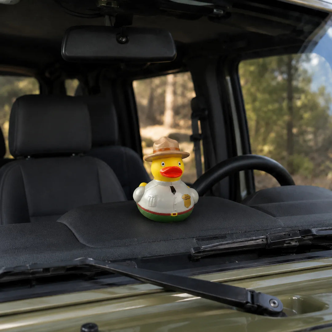 A small yellow rubber duck wearing a tan hat and white shirt sits on the dashboard inside a vehicle, with the steering wheel, windshield, and forest background visible.