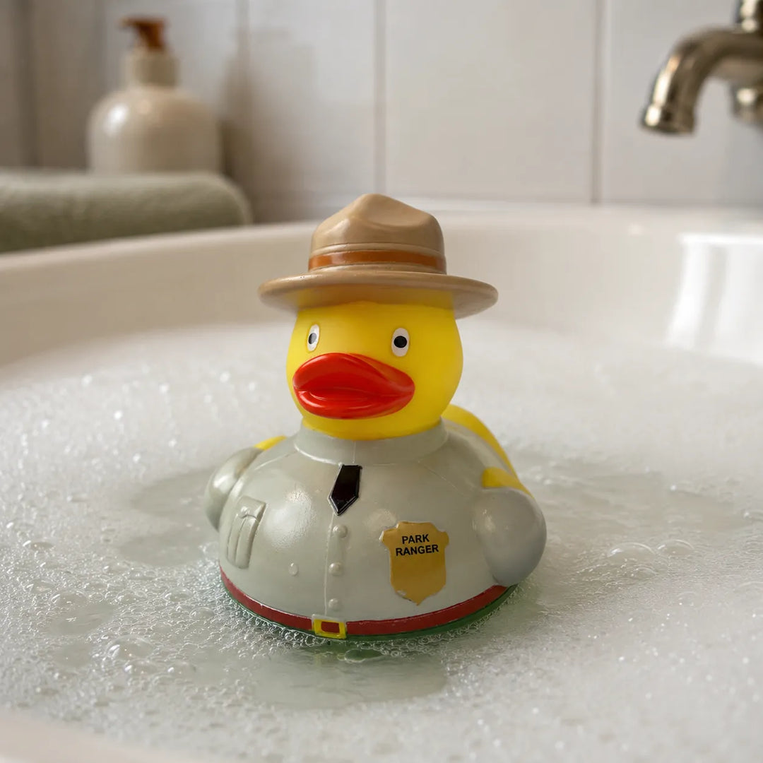 A yellow rubber duck dressed as a park ranger, sitting in white bathwater with bubbles. The duck has a tan hat, a gray uniform with a black tie, and a yellow badge that reads &