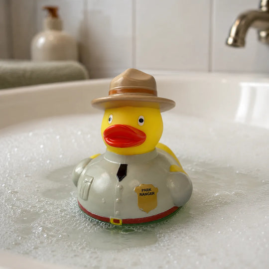 A yellow rubber duck dressed as a park ranger, sitting in white bathwater with bubbles. The duck has a tan hat, a gray uniform with a black tie, and a yellow badge that reads &