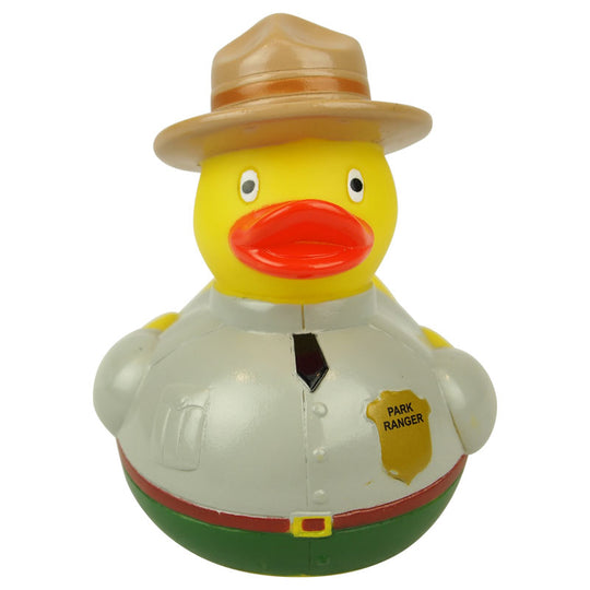 Rubber duck dressed as a park ranger with a hat on a white background