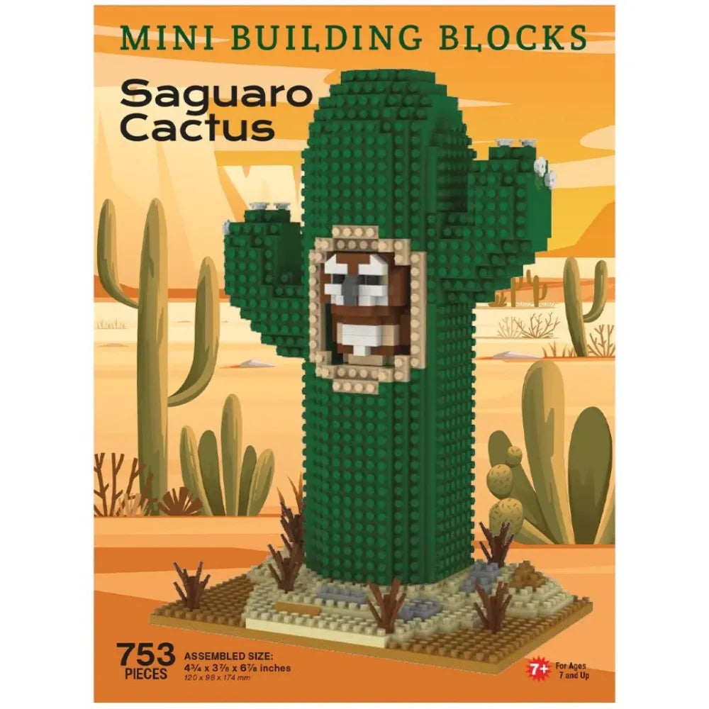 Building block set packaging for a saguaro cactus model with desert landscape background.