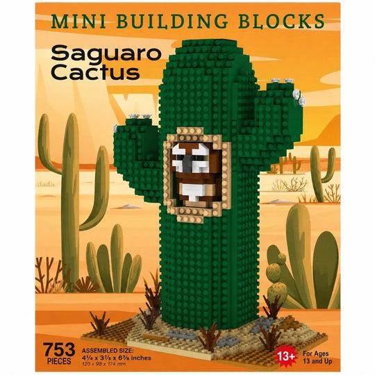 Front of a building blocks package for the Saguaro Cactus set. The box shows a green cactus built from mini blocks with a smiling face in a desert scene, with text reading &