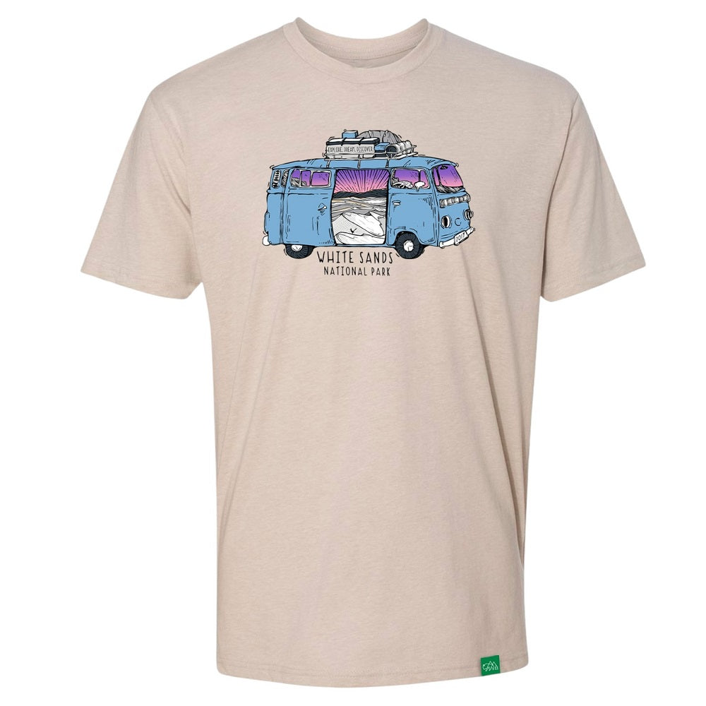 Cream colored White Sands National Park T-Shirt - Van Tour design front view on a white background