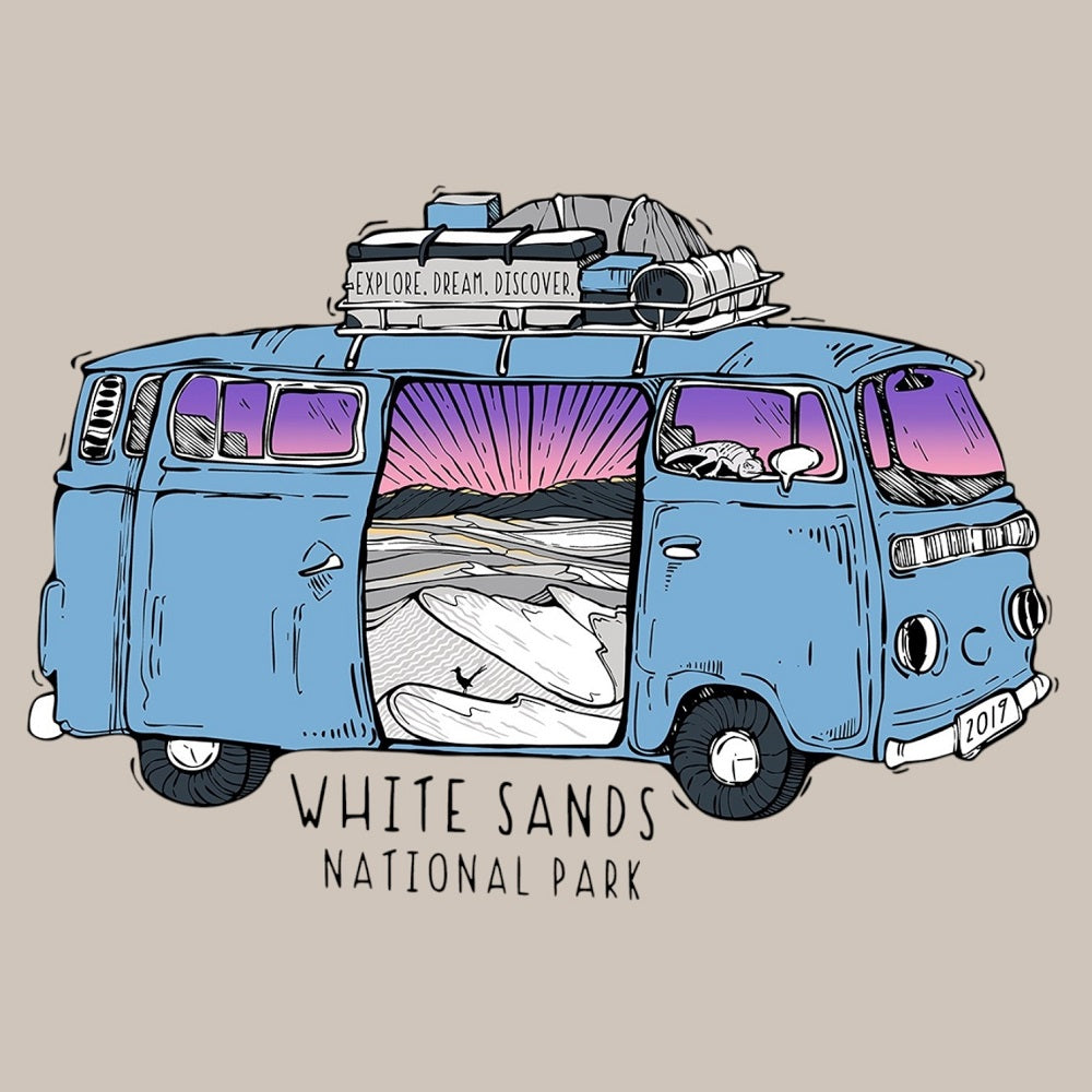 Illustration of a blue van with luggage on top, open door showing sand dunes, and 'White Sands National Park' text.