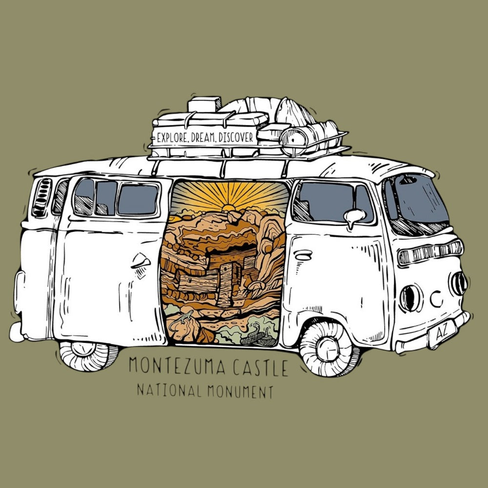 Illustration of a van with luggage on top, featuring Montezuma Castle National Monument.