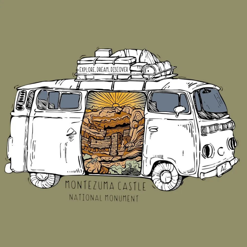 Illustration of a van with luggage on top, featuring Montezuma Castle National Monument.