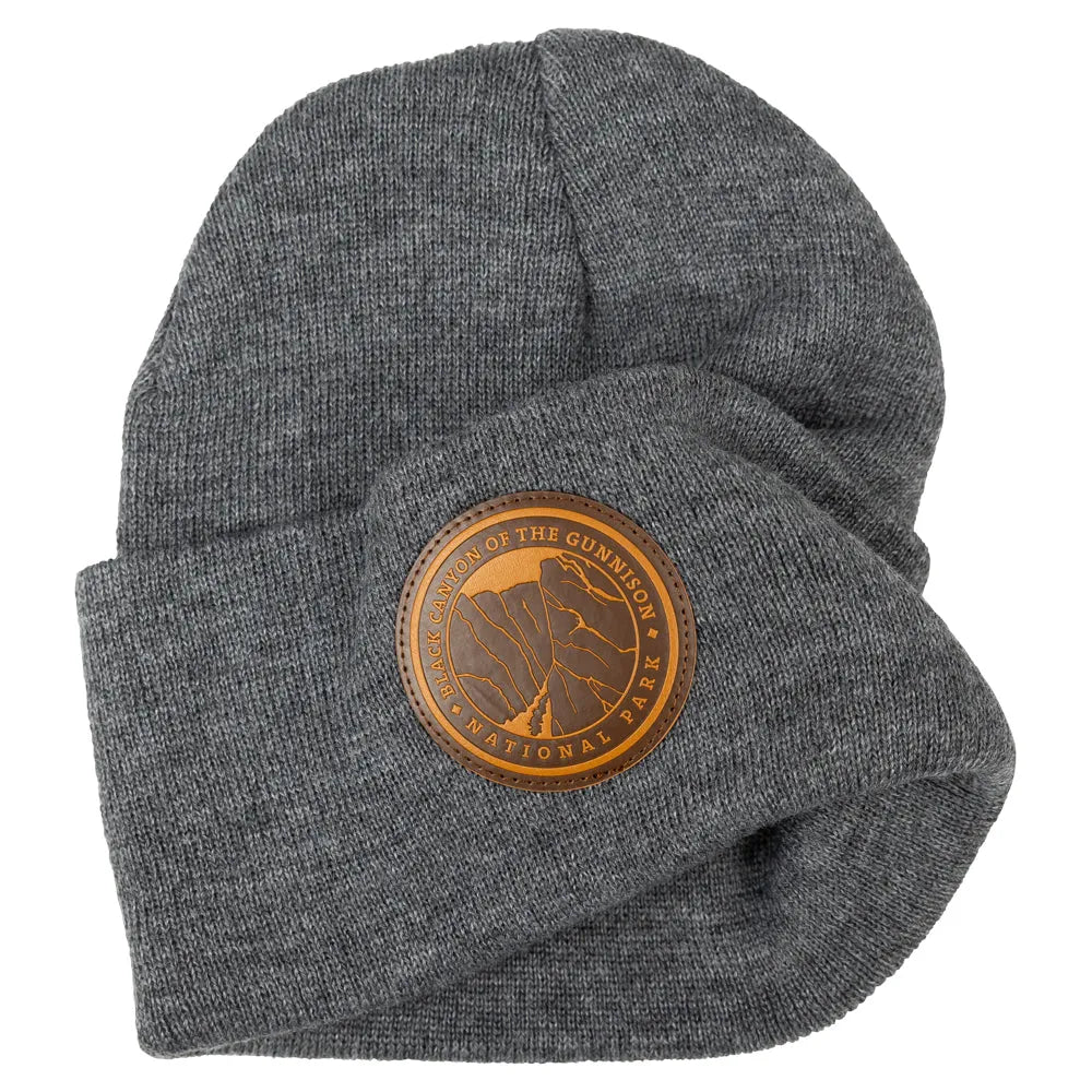 Scrunched Black Canyon of the Gunnison National Park gray beanie with leather patch