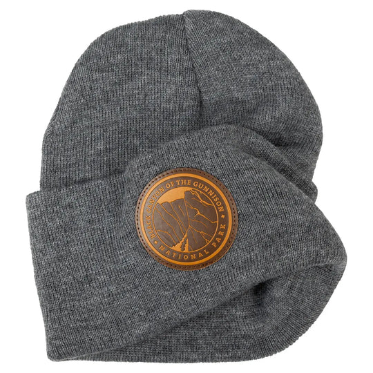 Scrunched Black Canyon of the Gunnison National Park gray beanie with leather patch
