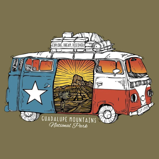 Illustration of a vintage van with Guadalupe Mountains National Park design on a brown background