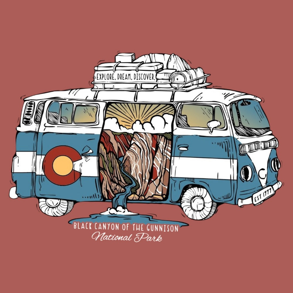 Illustration of a van with camping gear on a red background