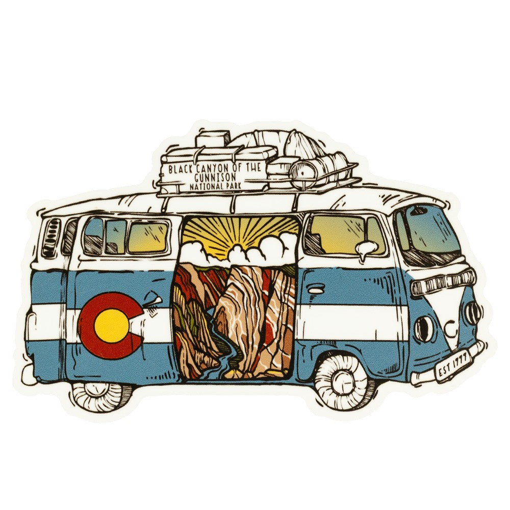 Sticker featuring an illustration of a vintage van with a Colorado flag and mountain design and the text 'Black Canyon of the Gunnison National Park' inscribed in the luggage on top set against a white background