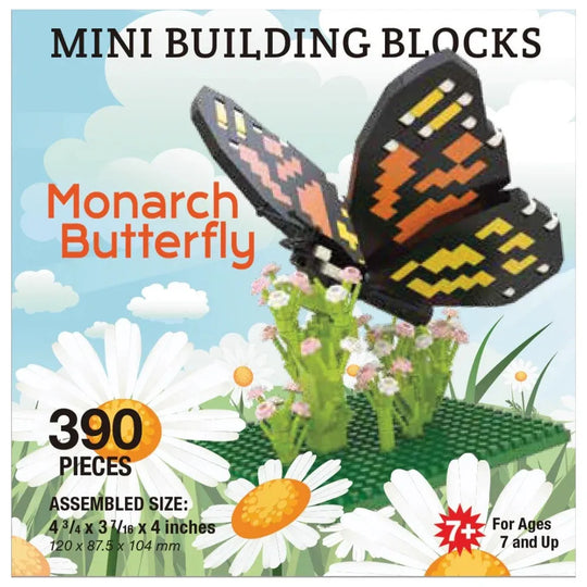 Mini building blocks set in the shape of a monarch butterfly with packaging details.