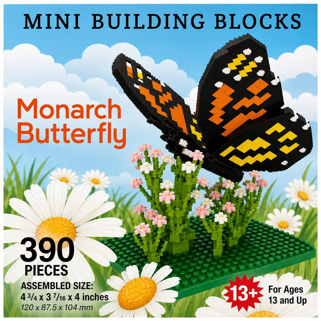 Mini building blocks set of a monarch butterfly on a green base with small flowers, shown with text reading &