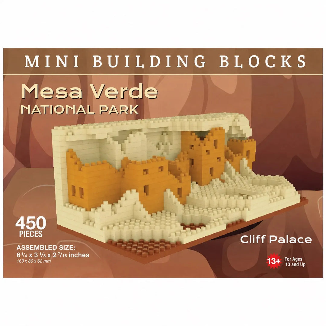 Mini Building Blocks set for Mesa Verde National Park, featuring a 3D-rendered view of the Cliff Palace structure built from tan and cream blocks, with text overlays detailing the 450 pieces and age suitability.