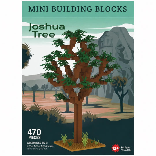 Packaging of Joshua Tree mini building blocks set with tree illustration and text.