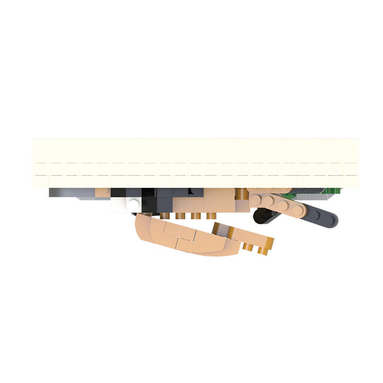 A small assembled toy or block-built object shown against a plain white background, with a large cream rectangular overlay covering the top portion of the product.