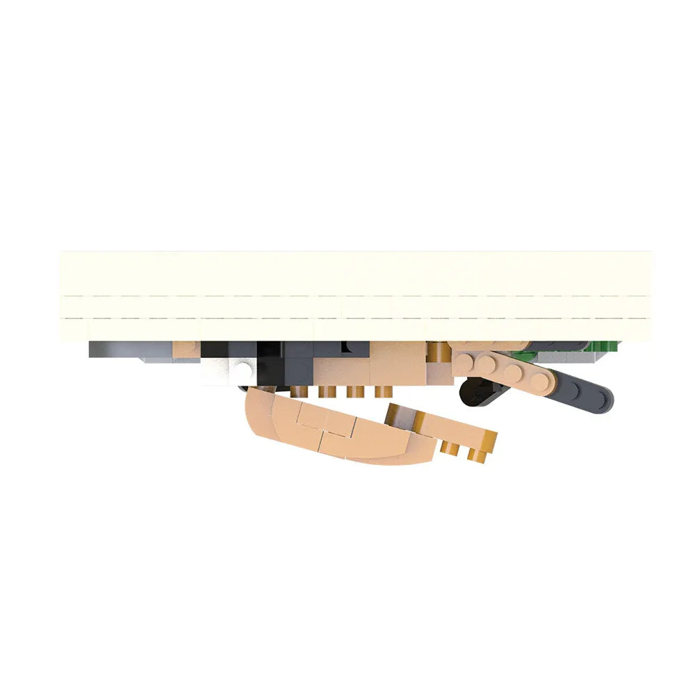 A small assembled toy or block-built object shown against a plain white background, with a large cream rectangular overlay covering the top portion of the product.