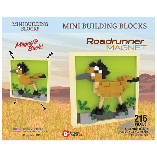 Roadrunner magnetic mini building blocks set in its retail packaging, featuring a 216-piece set of tan, black, and white blocks that assemble into a roadrunner figure, shown in both assembled and hanging configurations.