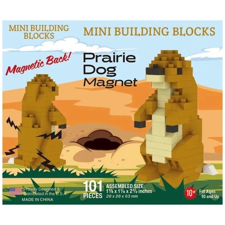 Prairie dog magnet building block set packaging with desert landscape illustration