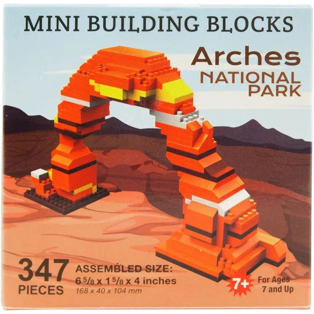 Box of Arches National Park mini building blocks with a model of a arch in the desert.