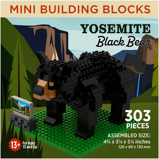 Block building toy package for a mini building block set of a Yosemite Black Bear, showing the assembled black bear model on a green base with a small TV display, text reading &