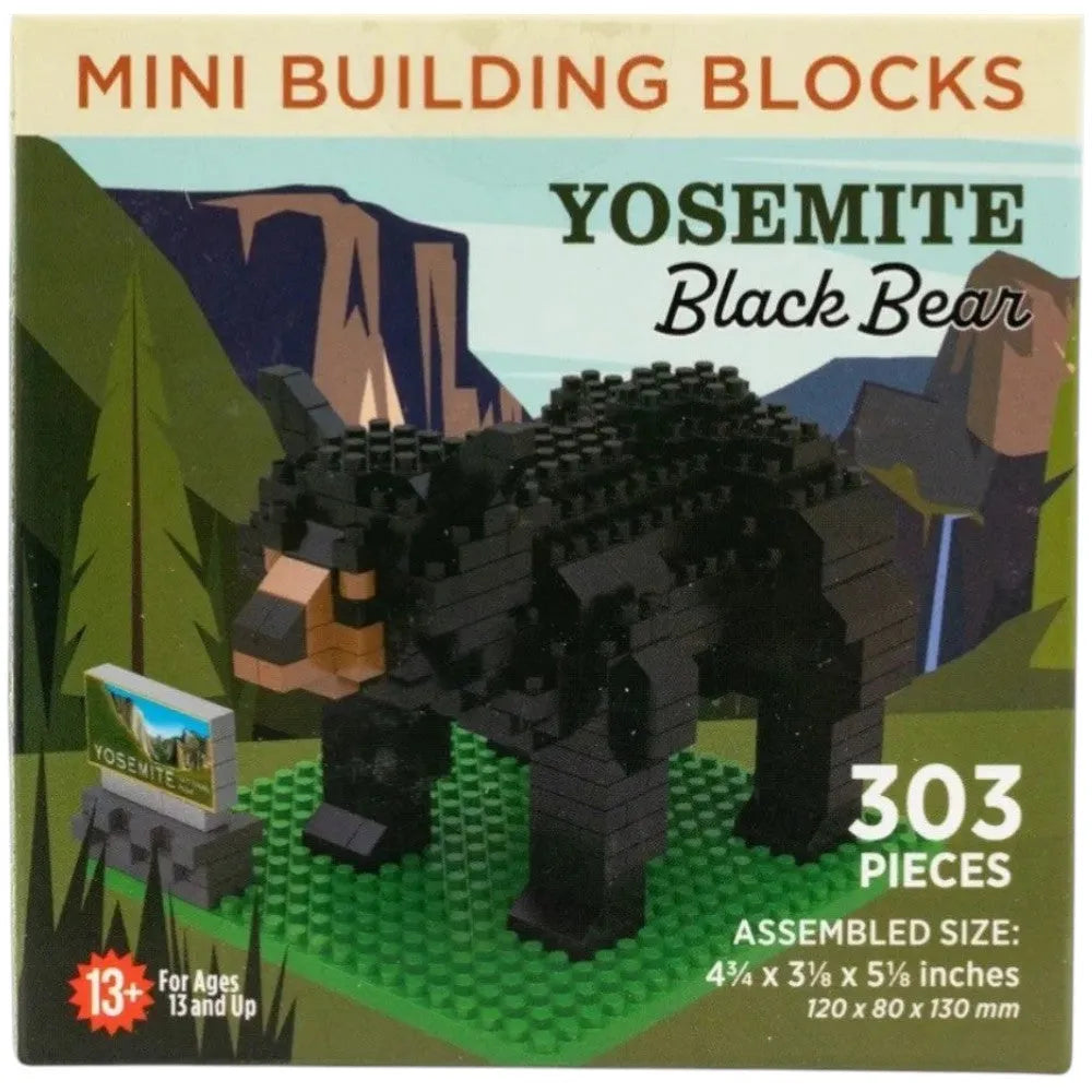 Yosemite Black Bear building block set packaging with bear figure and mountain background