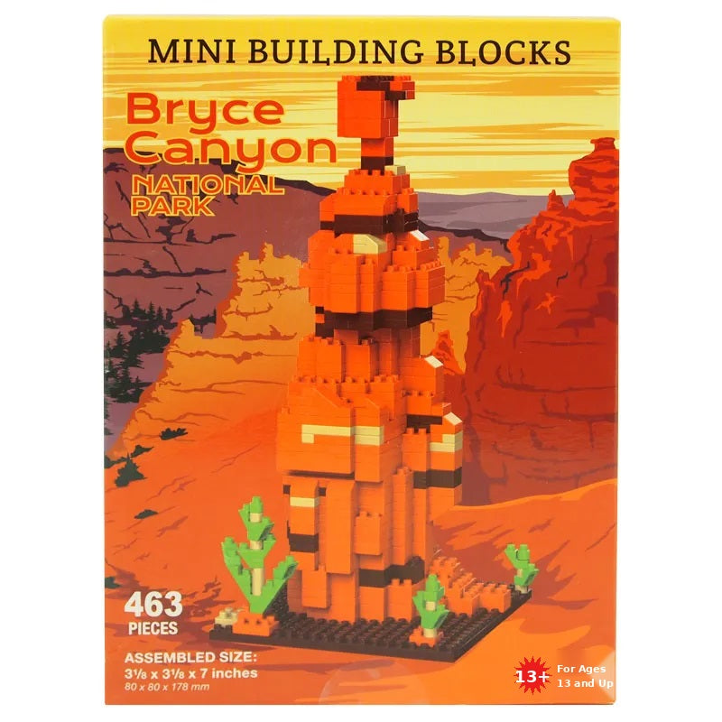 Front of a Bryce Canyon National Park mini building blocks set box, showing an orange canyon landscape and a brick-built rock formation. Text includes 'MINI BUILDING BLOCKS', 'Bryce Canyon National Park', '463 PIECES', and 'Assembled size: 3 1/2 x 3 1/2 x 7 inches'.