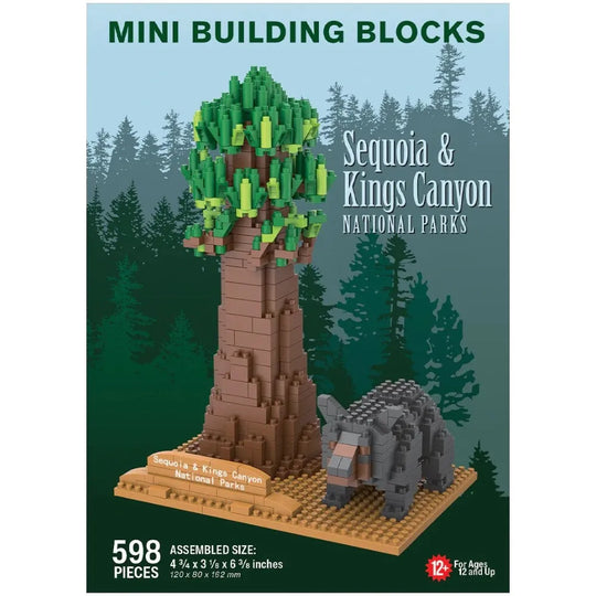 Mini building blocks set of Sequoia &amp; Kings Canyon National Parks with tree and bear design on a forest background.