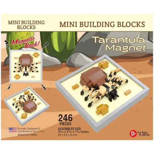 Mini building blocks set with tarantula magnet design on a desert-themed packaging.