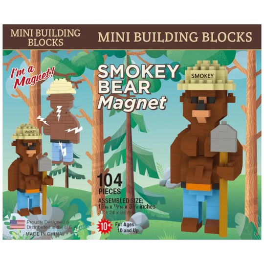 Smokey Bear mini building block magnet packaging with forest background