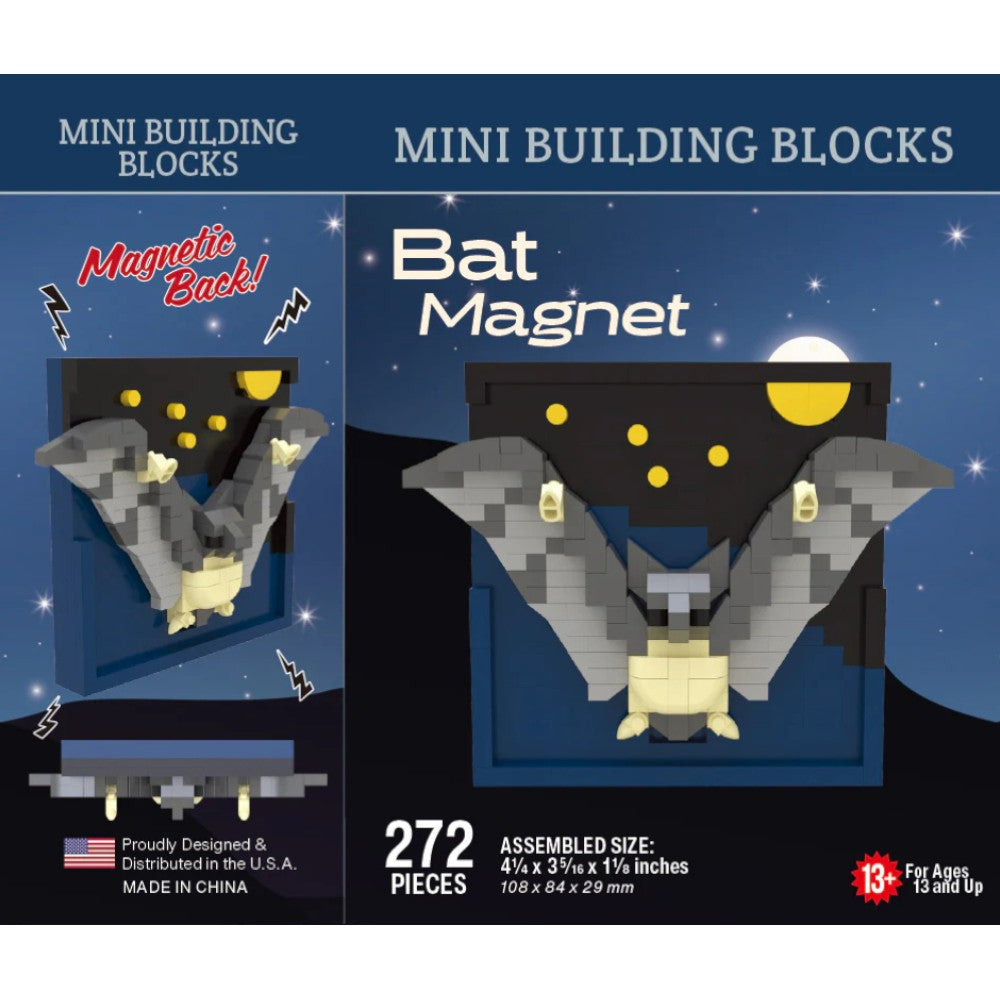 Package of Bat Magnet mini building blocks with magnetic back feature