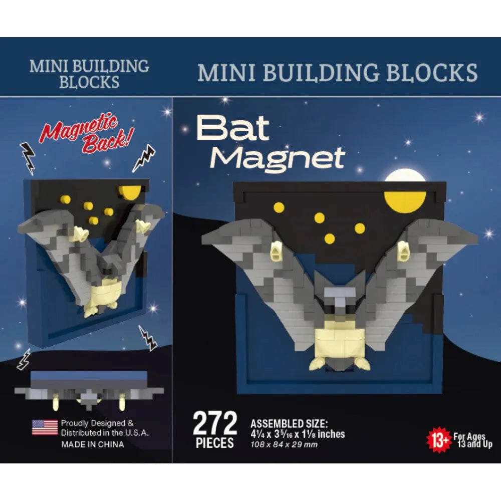 Package of Bat Magnet mini building blocks with magnetic back feature