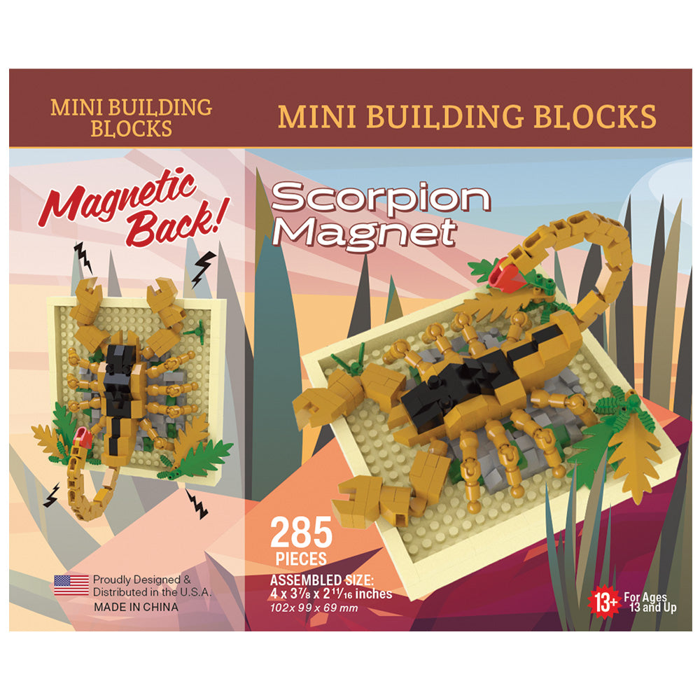 Front of a Mini Building Blocks box featuring a Scorpion Magnet set. The packaging shows a assembled yellow and black scorpion built on a beige base plate, with the words &